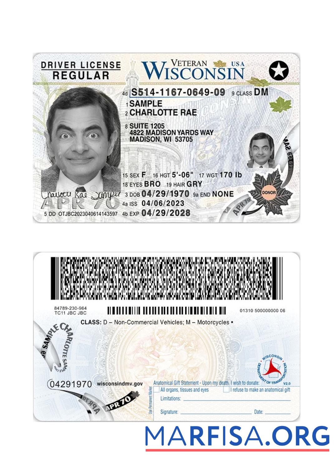 Printable USA Wisconsin driving license 2023 present example